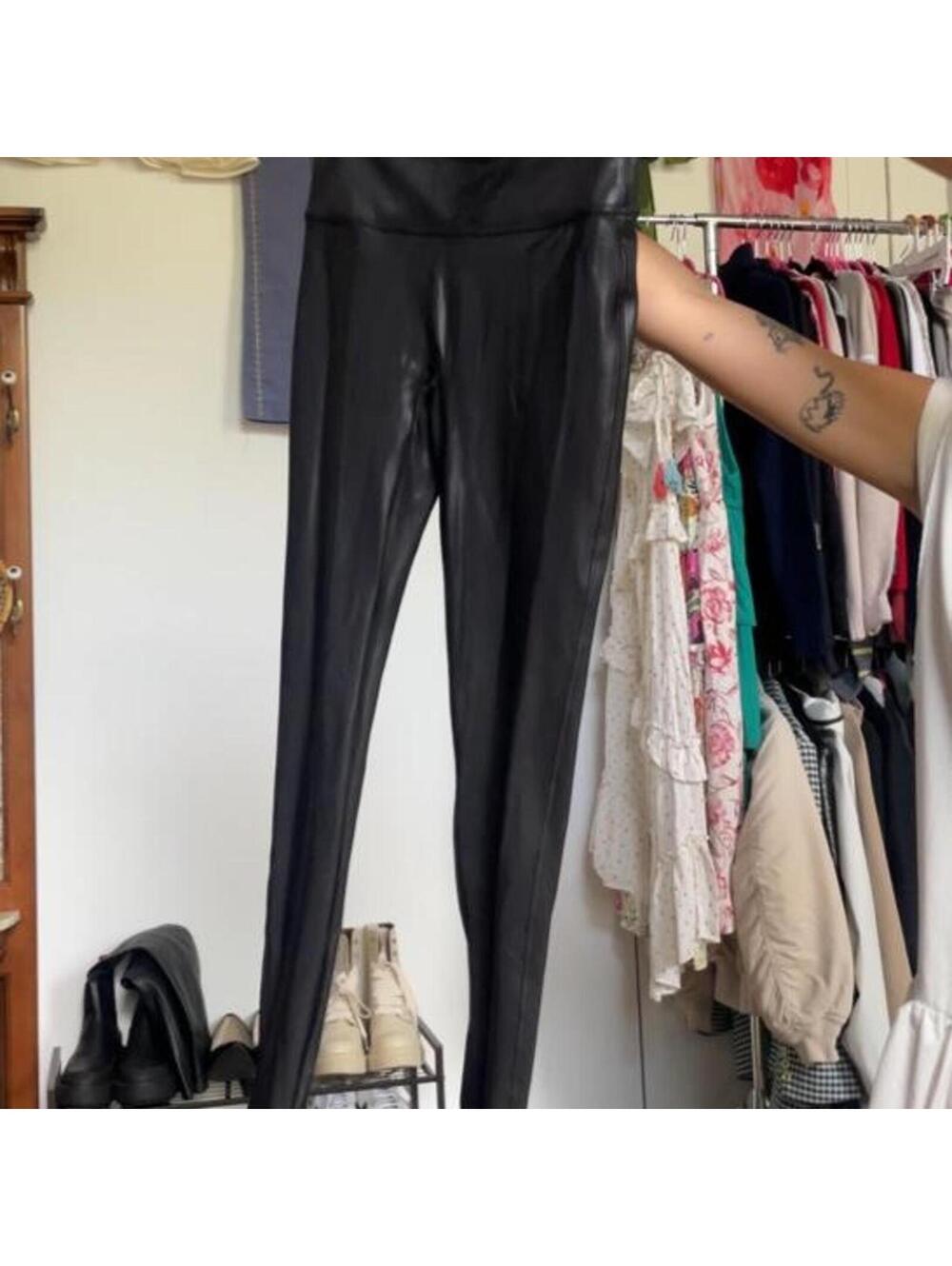 Spanx black faux leather leggings size L
